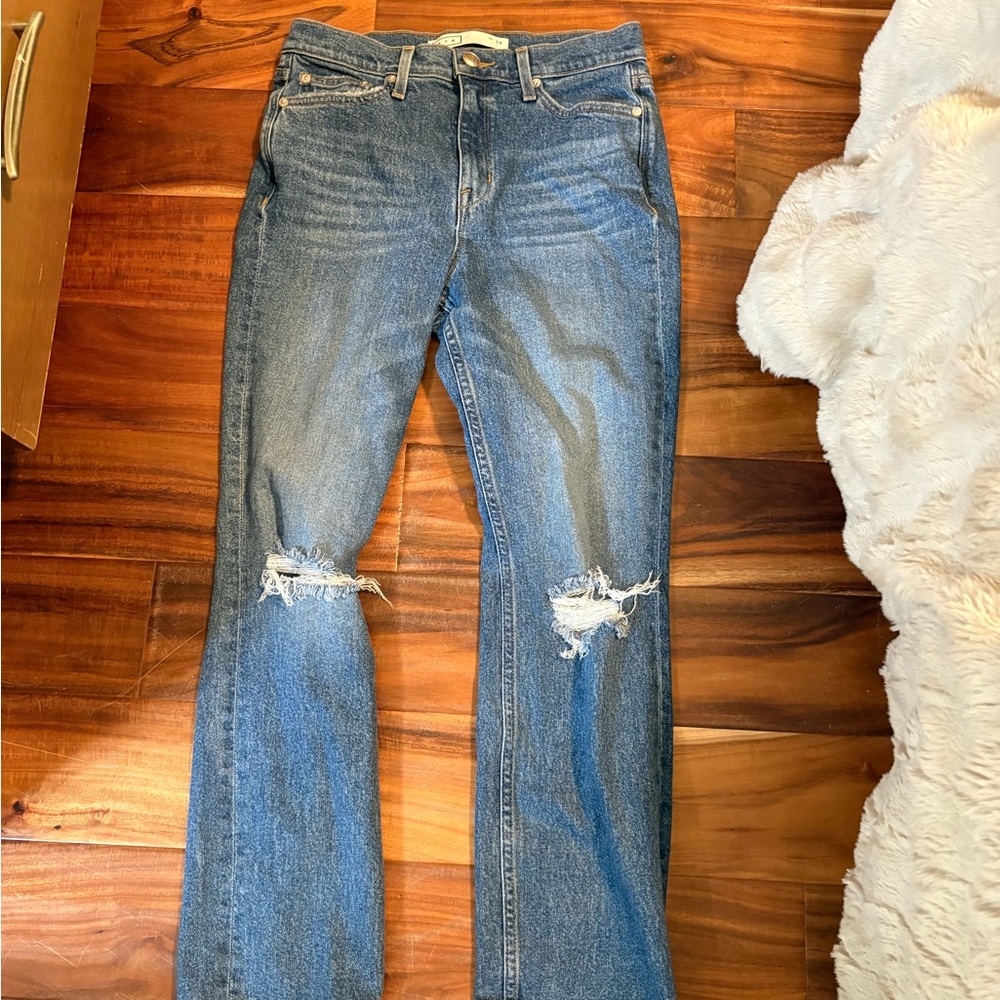 AYR Women's Straight Leg Jeans in Medium Blue with Knee Distressing
